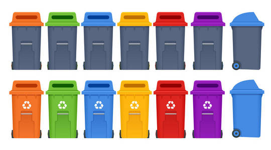 垃圾容器和垃圾的类型。回收回收纸食品废物电子废物有机纸张金属。向量被隔绝的例证