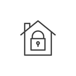 房子与关闭锁图标矢量填充平面标志固体象形文字隔离在白色。 家庭保护与锁定挂锁符号标志插图