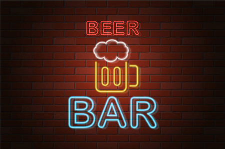 发光霓虹灯招牌啤酒吧矢量插图砖墙背景