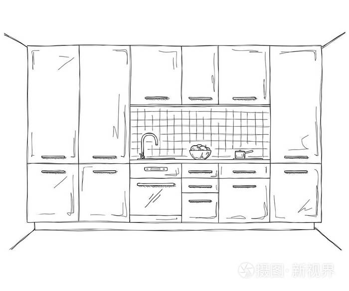 手绘厨房家具. 素描风格的矢量插图.