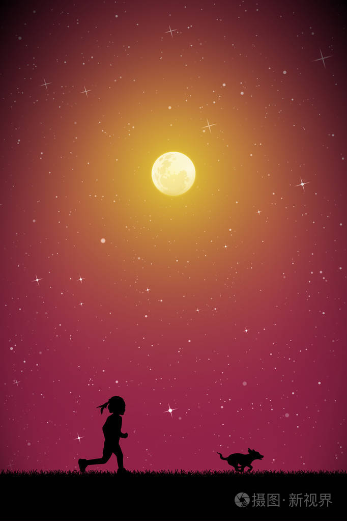 在月光下的夜晚带着狗的小女孩.