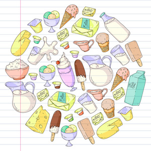 乳制品。涂鸦图标。饮食, 早餐。牛奶, 酸奶, 奶酪, 冰淇淋, 黄油。吃新鲜健康的食物, 快乐