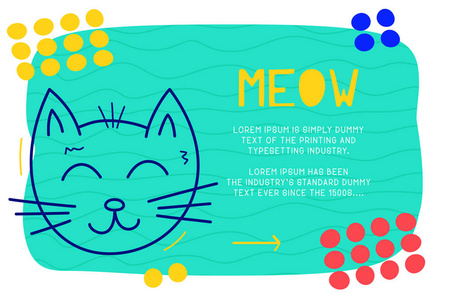 具有不同元素文本块和涂鸦猫图标的抽象登陆页面模式。 矢量乐趣背景