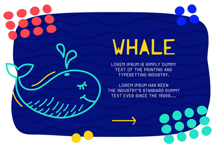 具有不同元素文本块和涂鸦鲸鱼图标的抽象登陆页面模式。 矢量乐趣背景