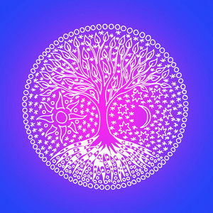 生命之树. 曼达拉. 彩色布鲁斯和紫色的象征图案.