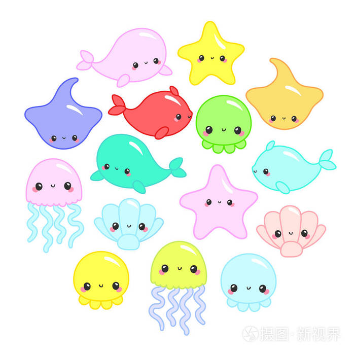 可爱的矢量海洋设置海洋生物为女孩和男孩夏季婴儿淋浴