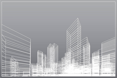 抽象线框城市背景。 建筑线框的透视三维渲染。 矢量图。