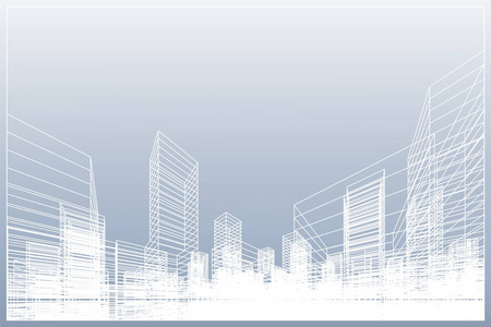 抽象线框城市背景。 建筑线框的透视三维渲染。 矢量图。