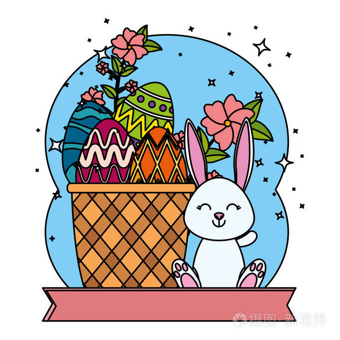 可爱的兔子与复活节鸡蛋画在篮子和鲜花