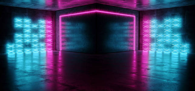 霓虹灯网络科幻未来现代紫粉蓝色发光LED激光舞蹈俱乐部灯光暗格格格混凝土反光室空空间三维渲染插图