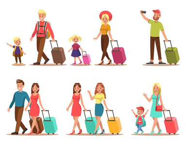 家庭生活方式。 家庭旅行时间。 幸福的家庭去旅行。 矢量插图设计。