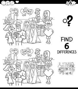 黑白卡通插图发现六种不同的图片教育游戏儿童与情人节人物在爱着色书