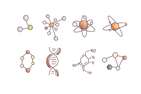 可爱的卡通分子和原子图标集。原子和分子例证。分子和原子的结构与电子轨道, 质子和方案的 dna, 分子模型线卡通集。的结构