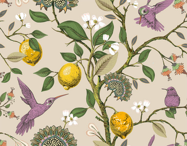 花卉载体无缝模式。植物壁纸。植物, 鸟花的背景。绘制自然复古壁纸。柠檬, 花, 蜂鸟, 盛开的花园。面料纺织品纸张的设计