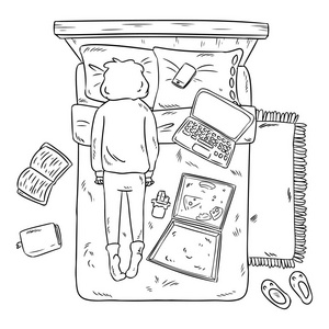 女孩在床上拖延. 家里一团糟. 漫画风格的形象. 上面的风景.插画