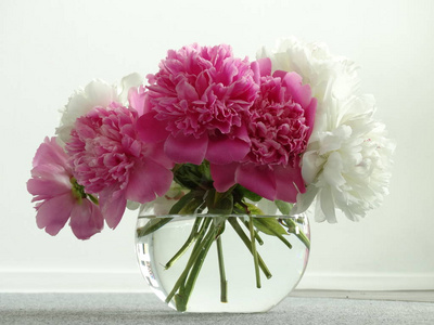 玻璃透明球形花瓶中的白色和粉红色牡丹