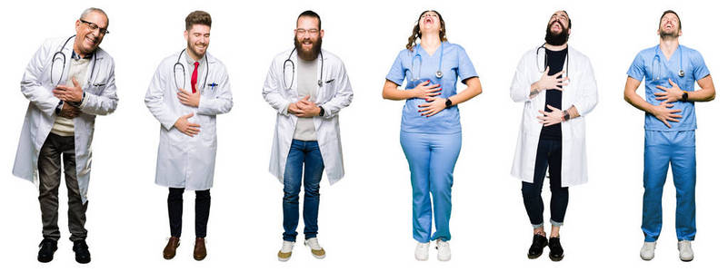 拼贴一群医生和外科医生，人们在白色孤立的背景上微笑，大声笑，因为有趣的疯狂笑话。 快乐的表情。