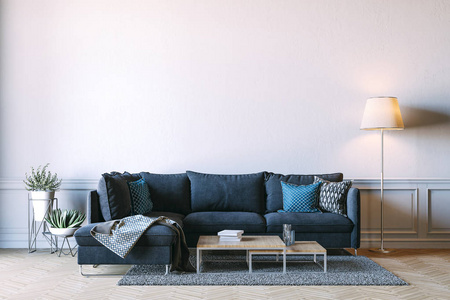 沙发和白色墙壁的3D渲染美丽的内部渲染
