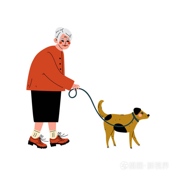 与她的狗, 老太太和她的动物宠物走的老年妇女每日活动矢量插图