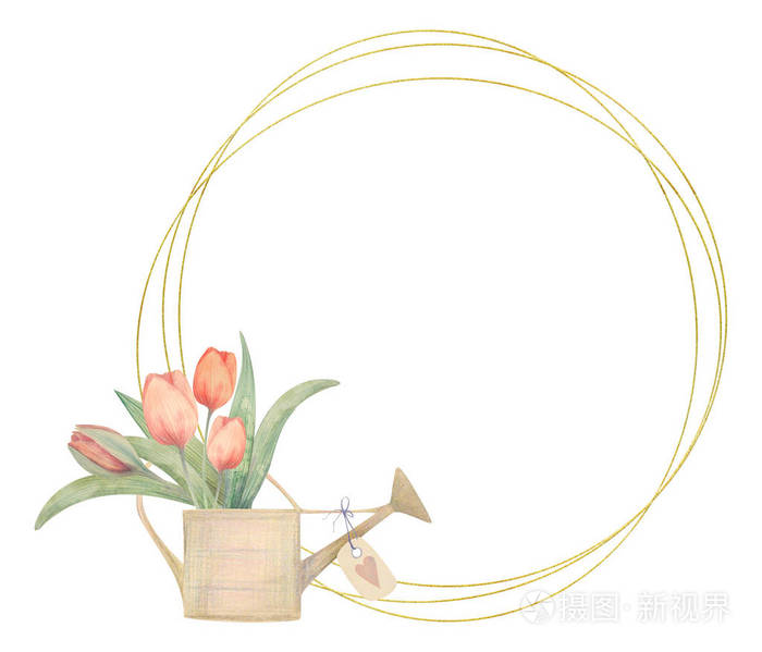 带郁金香的水彩框架.手绘的.标志,婚礼请柬,卡片,海报的理想选择