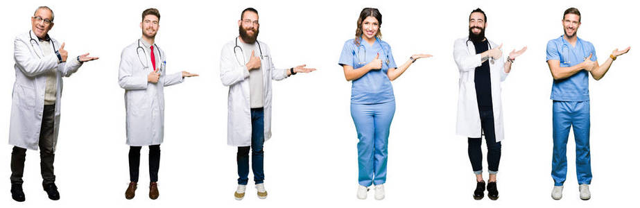 整理一组医生和外科医生，人们在白色的孤立背景上，展示手掌，用拇指向上做好手势，微笑，快乐和快乐