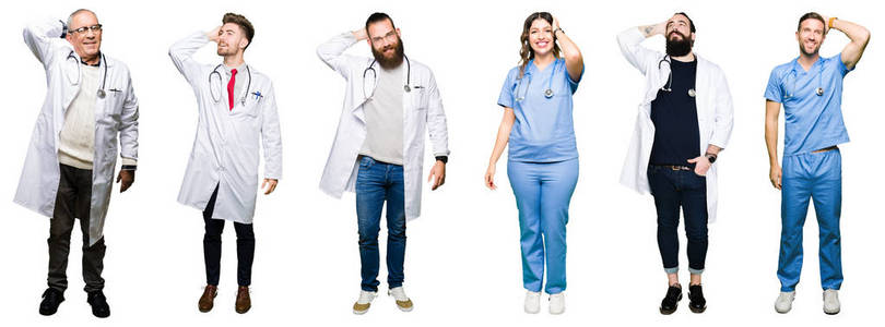 整理一组医生和外科医生，人们在白色孤立的背景上微笑，自信地触摸头发，用手势摆出吸引人的姿势