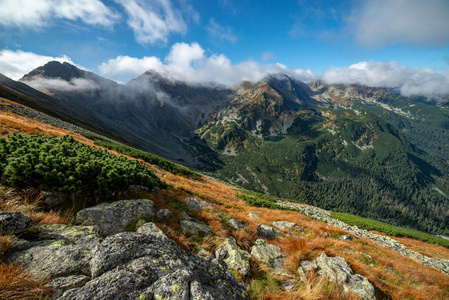 斯洛伐克塔特拉山的全景。 雾和云覆盖着五彩缤纷的秋山峰