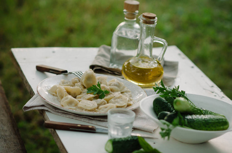 自制肉饺子俄罗斯皮梅尼与新鲜欧芹盘上。 在花园外面吃晚饭