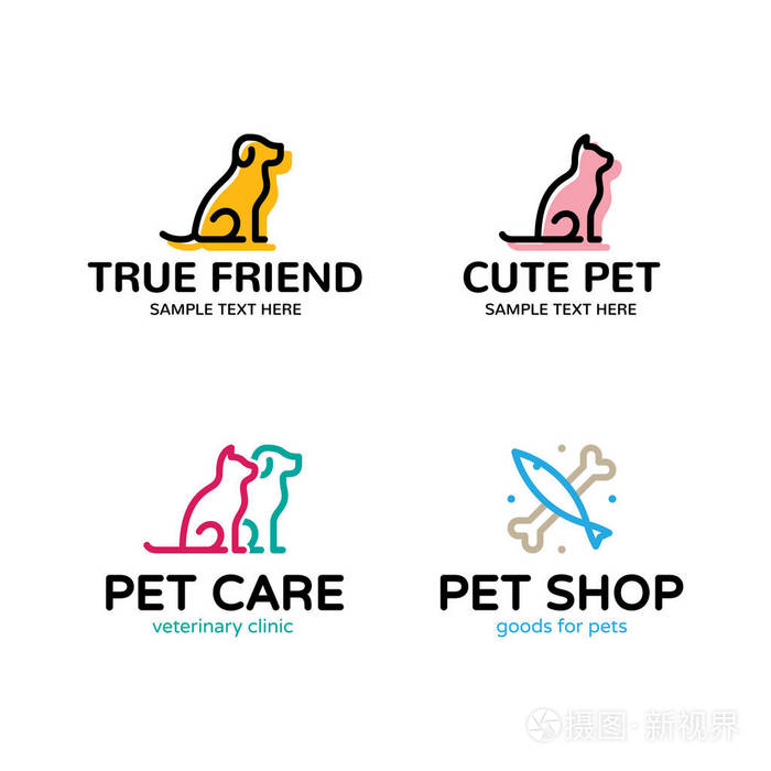 宠物标志设计模板集. 矢量猫狗鱼标志和符号收集.