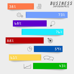 带有彩色图形纸带的矢量信息图表模板，带有百分比信息和图标