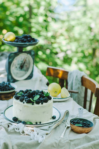 乡村花园里的蓝莓柠檬蛋糕图片