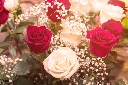 束白玫瑰一束红白玫瑰.白色和红色玫瑰在阳光下的装饰花布置照片