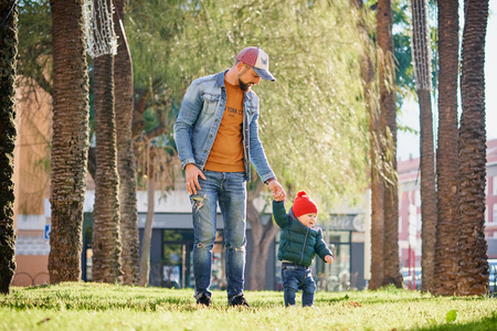 s hand when walking in the park on a sunny day. Father and son.