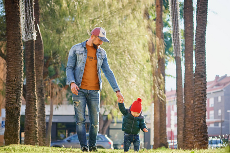 s hand when walking in the park on a sunny day. Father and son.