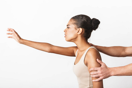 s hand holding her shoulders isolated over white background