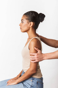 s hand holding her shoulders isolated over white background