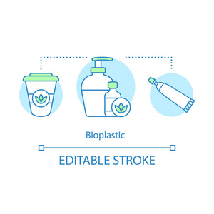 生物塑料概念图标。 生态塑料理念细线插图。 天然化妆品。 生态塑料。 矢量孤立轮廓绘制。 可编辑行程