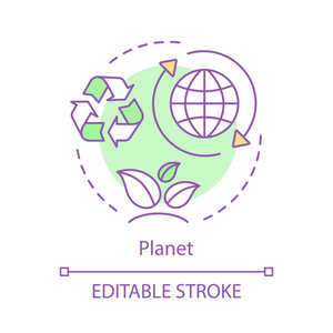 环境保护概念图标。 自然节约理念细线插图。 生态保护。 地球。 生态。 矢量孤立轮廓绘制。 可编辑行程