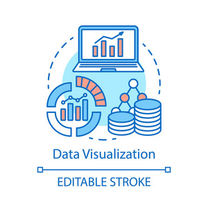 数据可视化概念图标。 网络度量和分析思想细线插图。 大数据。 统计数字。 图表图表图表。 商业营销。 矢量孤立轮廓绘制。 可编辑