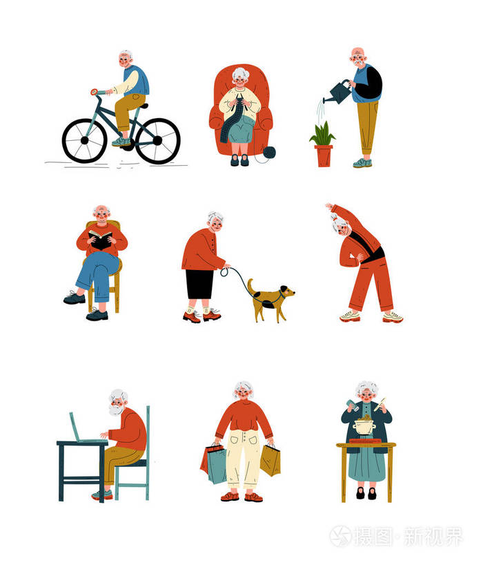 老年人日常活动集, 老年男子和妇女步行, 阅读, 烹饪, 购物, 做运动