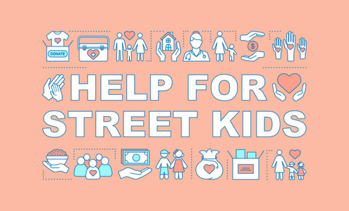 帮助街头儿童词概念横幅。 儿童保育志愿者。 演示网站。 孤立的字体排版想法与线性图标。 孤儿院。 为孩子们做慈善。 矢量轮廓图
