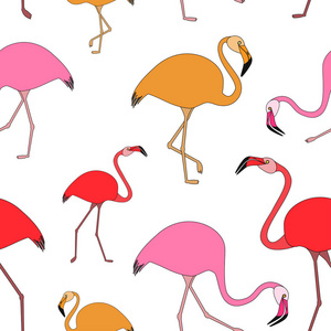 火烈鸟的无缝图案。 平的风格。 橙色粉红色的红色。 服装面料壁纸模板设计。