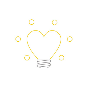 平面设计风格矢量插图概念发光黄色心形灯泡符号图标在白色背景。 白色和彩色的轮廓。