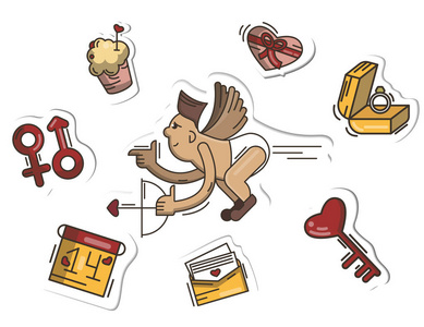 黄色的节日弓矢量收集可爱的卡通杯飞弓和节日物体孤立在白色背景上