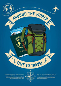 旅行横幅或海报与背包, 护照和登机牌票的时间。旅行和度假的概念