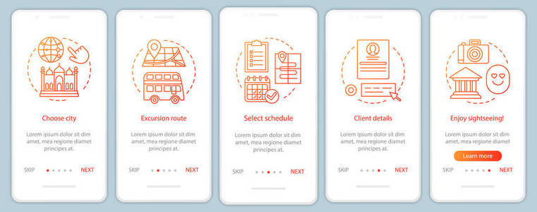 远足入职移动应用程序页面屏幕矢量模板。 城市路线活动。 旅游陈列馆。 演练网站步骤与线性插图。 UXUI Gui智能手机界面概念