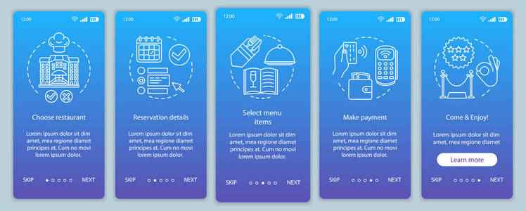 餐厅入职移动应用页面屏幕矢量模板。 活动客人咖啡馆餐。 沙发晚餐菜单。 演练网站步骤与线性插图。 UXUI Gui智能手机界面概