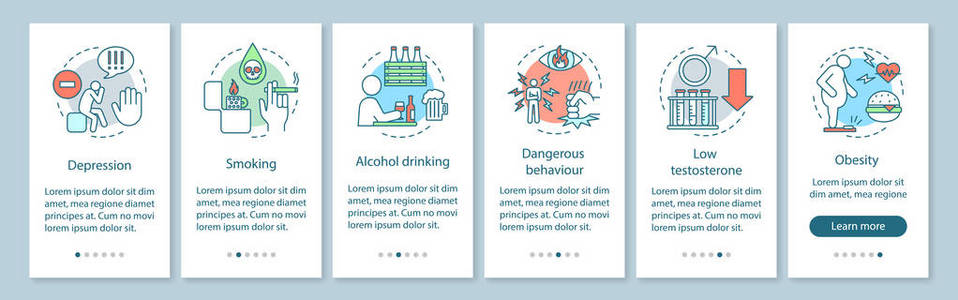 s health risks factors onboarding mobile app page screen vector 