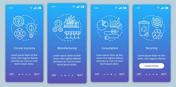循环经济入职移动应用页面屏幕矢量模板。 制造业消费回收。 演练网站步骤与线性插图。 UXUI Gui智能手机界面概念