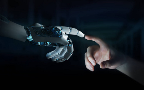 机器人手制作接触人手在黑暗背景三维渲染照片